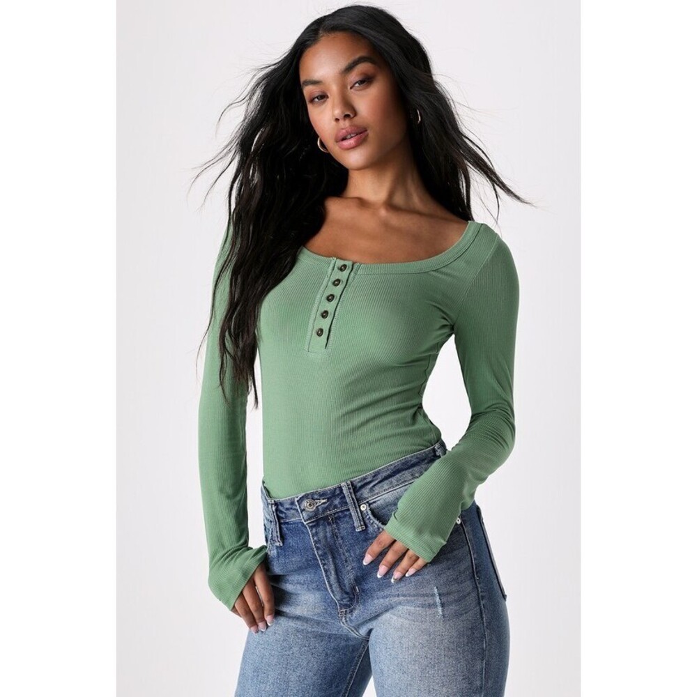 Lulus Everyday Update Green Ribbed Long Sleeve Cropped Henley Top - Size M